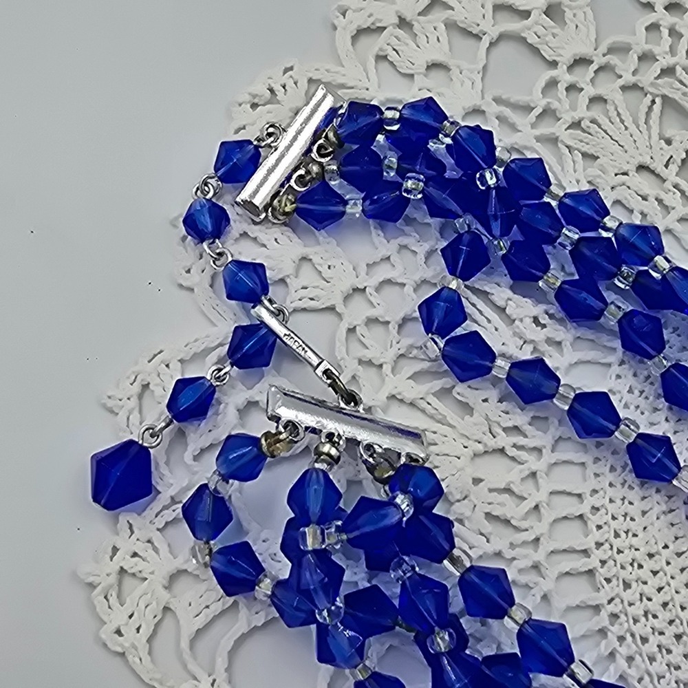 Vintage Japan Four Stand Glass Necklace Blue Statement Beaded - Picture 5 of 9